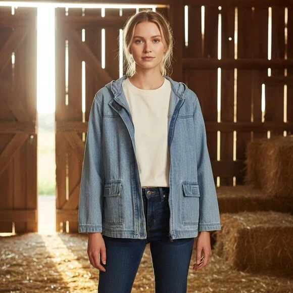 Vintage Blassport Denim Chore Barn Jacket Blue Hooded Retro Zip Medium - Picture 1 of 7